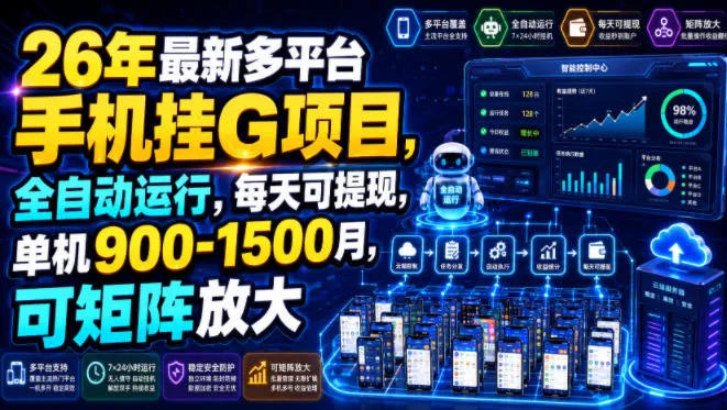 26年最新多平台手机挂G项目,全自动运行,每天可提现,单机900-1500月,可矩阵放大 26年最新多平台手机挂G项目,全自动运行,每天可提现,单机900-1500月,可矩阵放大