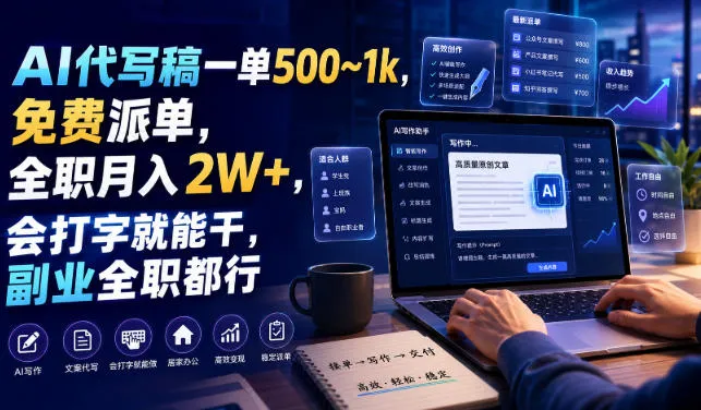 AI代写稿一单500~1k，免费派单，全职月入2W+，会打字就能干，副业全职都行