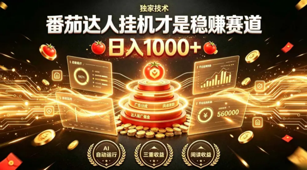 别再瞎找副业！番茄达人挂G才是稳賺赛道，日入1000+，全程傻瓜式操作，可矩阵放大